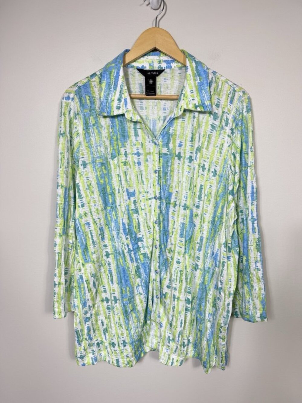 Ali Miles Top Women Top 1X Green Blue Full Snap Collared Artsy Colorful Beach